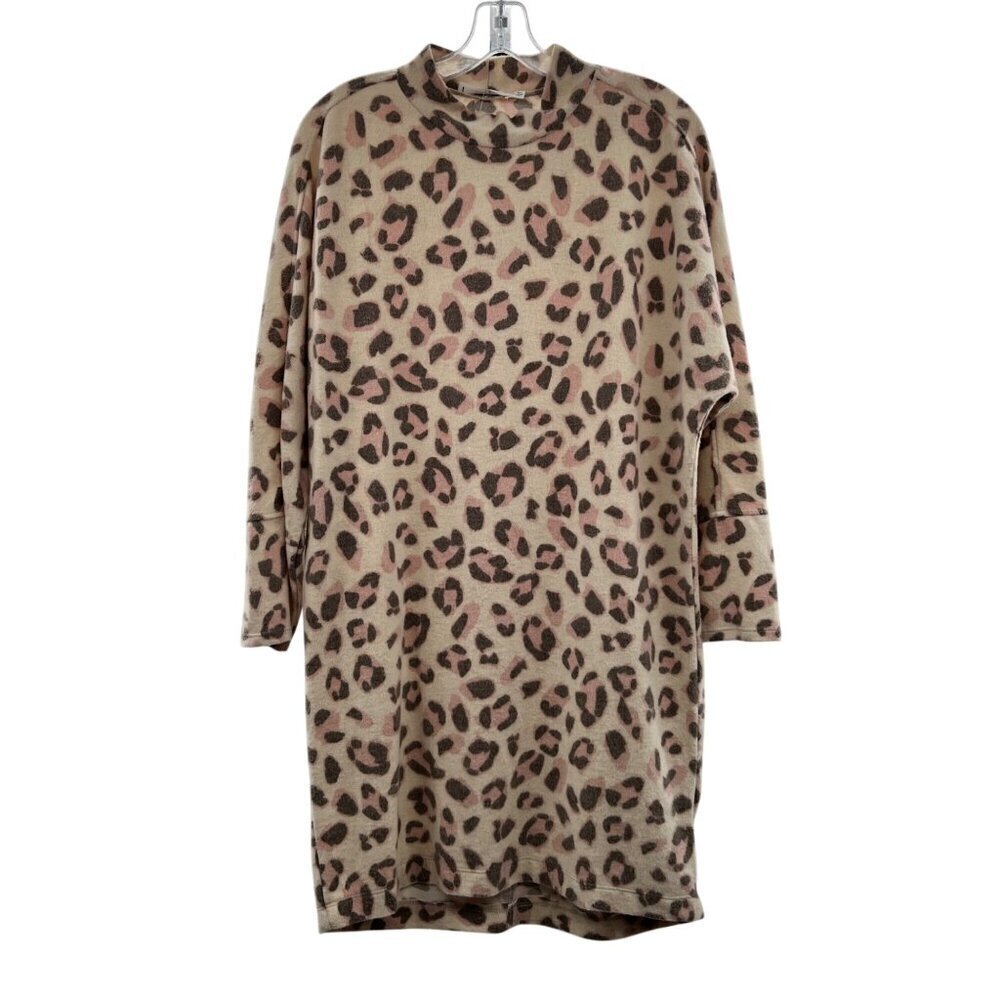 Lush Sweater Dress Womens Size Medium Cheetah Print Mock Neck Long Sleeve Soft